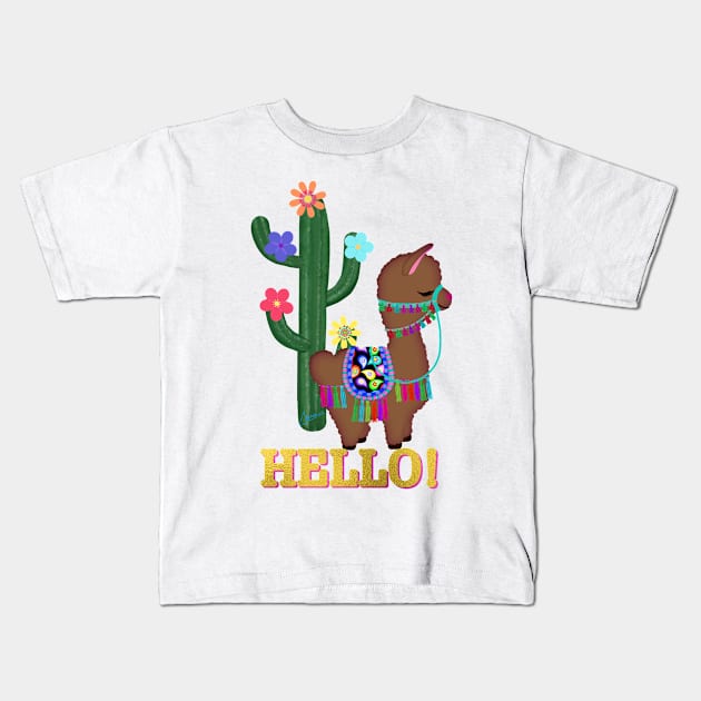 HELLO! Cute Little Brown Llama and Cactus | Cherie's Art(c)2021 Kids T-Shirt by CheriesArt